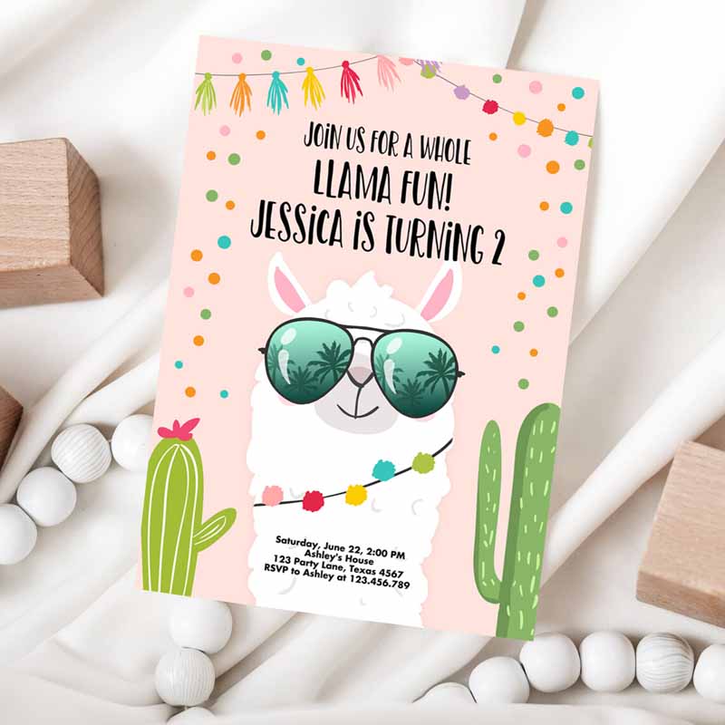 Whole Llama Fun Kids Birthday Invitation, Llama Fiesta Cactus Confetti Girl Pink Alpaca Invitation