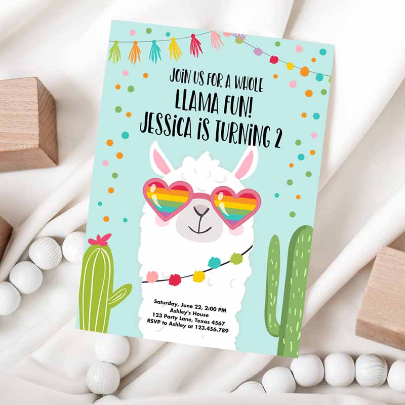 Whole Llama Fun Kids Birthday Invitation, Llama Fiesta Cactus Sunglasses Girl Blue Alpaca