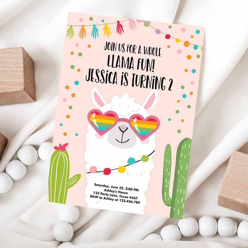 Whole Llama Fun Kids Birthday Invitation, Llama Fiesta Cactus Sunglasses Girl Pink Alpaca