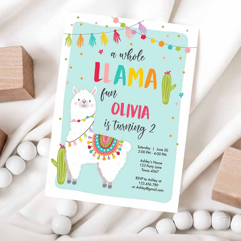 Whole Llama Fun Kids Birthday, Light Blue Invitation, Fiesta Mexican Cactus Alpaca Girl Blue Party