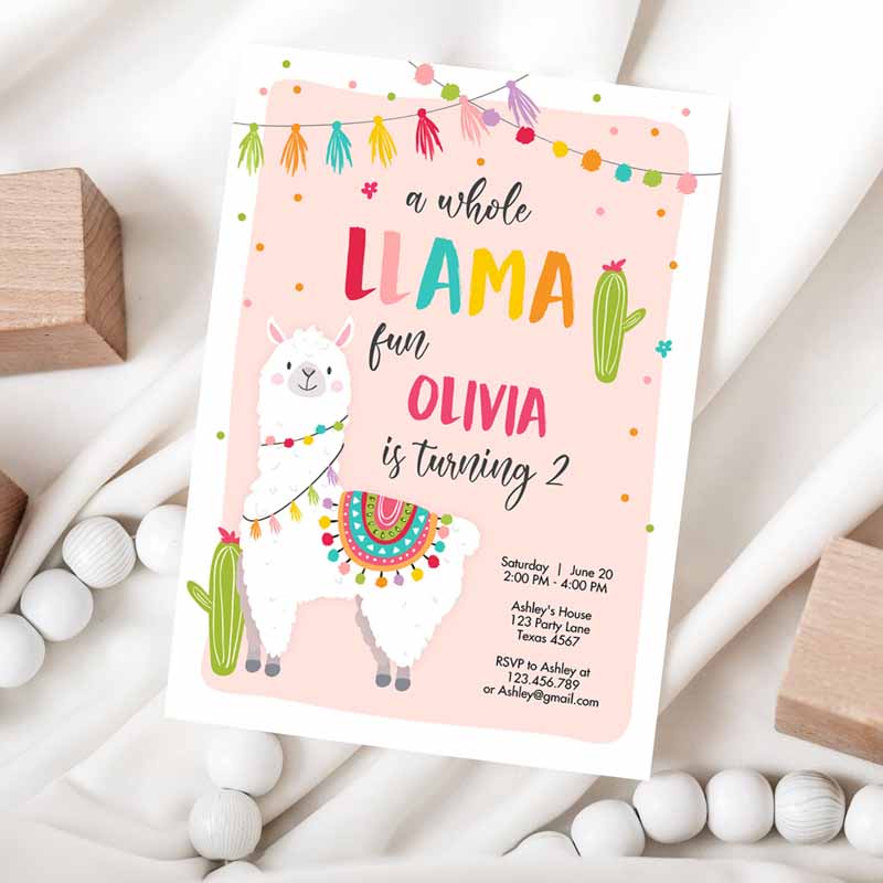 Whole Llama Fun Kids Birthday, Pink invite Llama Cactus Girls Alpaca Fiesta Invitation