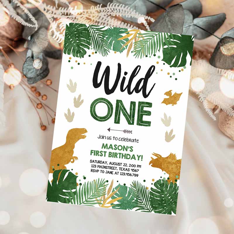 Wild One Kids Birthday Invitation, Dinosaur Dino Party, Boy First Kids Birthday, Green Gold Born to be Wild