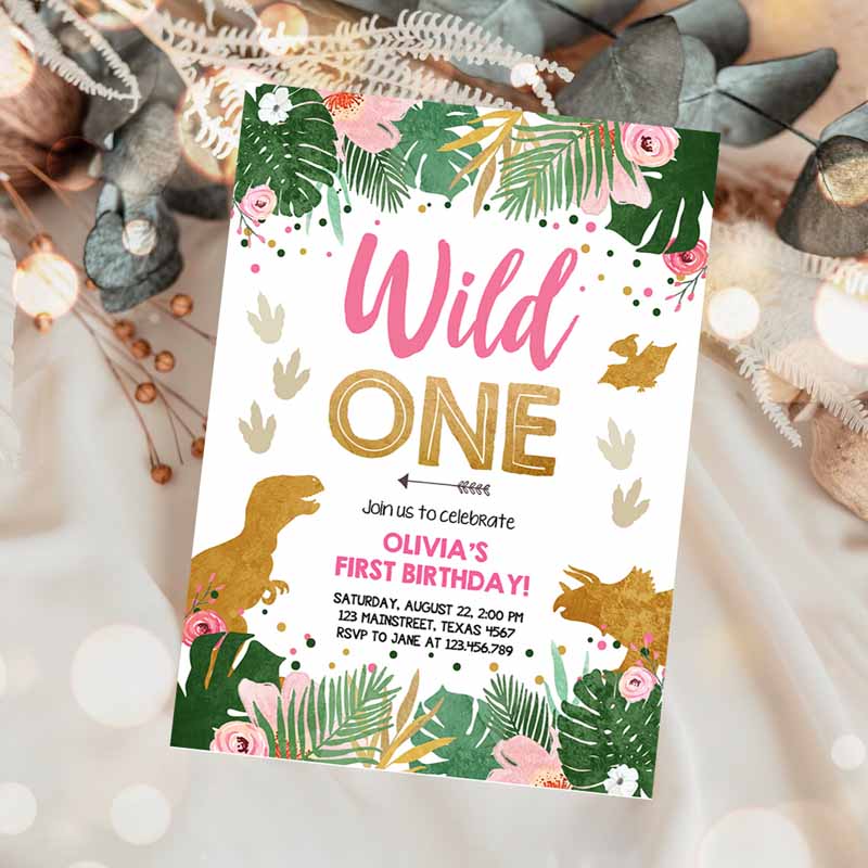 Wild One Kids Birthday Invitation, Dinosaur Dino Party, Girl First Kids Birthday, Pink Gold Born to be Wild