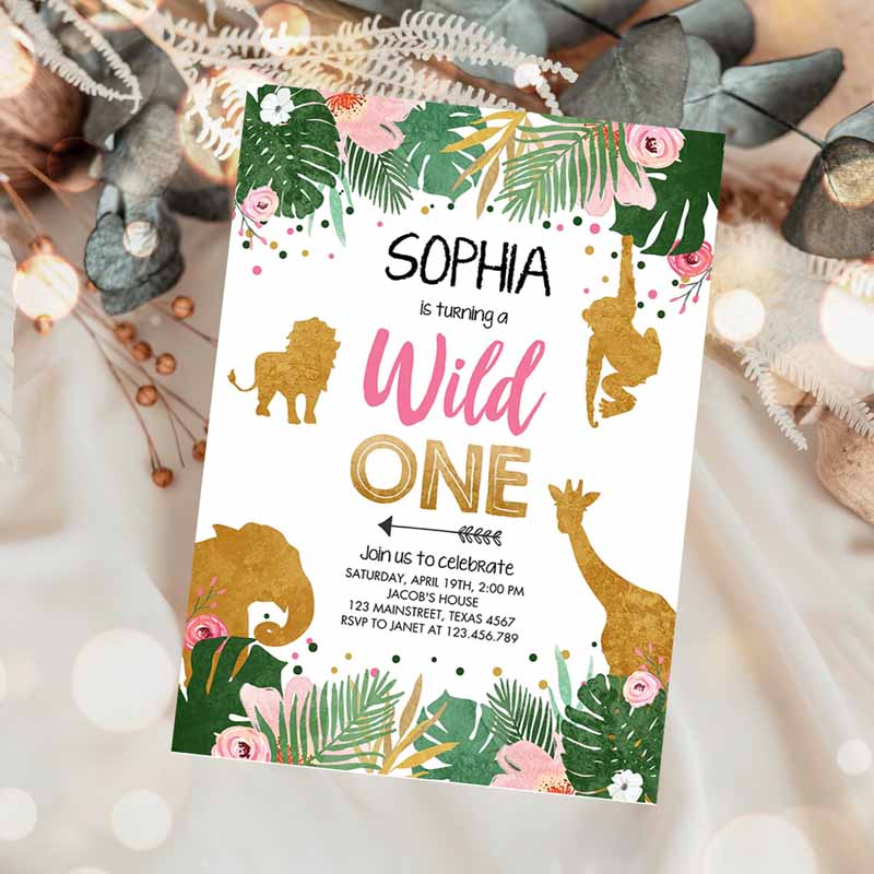 Wild One Kids Birthday Invitation, Girl Safari Animals Jungle Zoo Animals Pink Gold