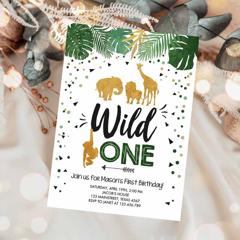 Wild One Kids Birthday Invitation, Safari Animals Black Gold Zoo Jungle Wild Animals Party