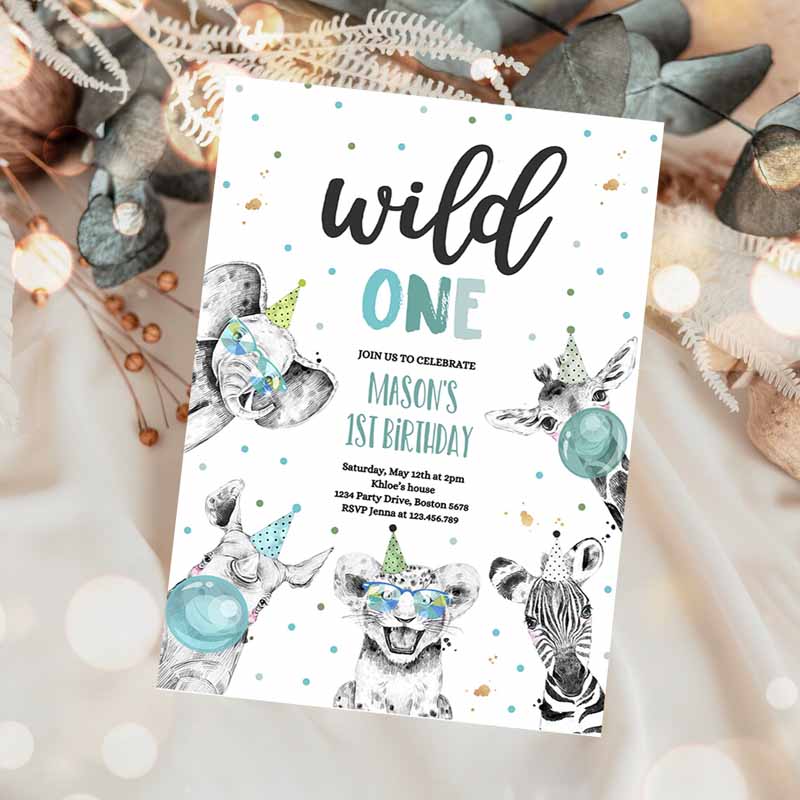 Wild One Kids Birthday Invitation, Safari Animals Invite Jungle Safari Animal Party, Modern Monochrome Safari Party