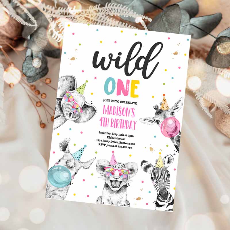 Wild One Kids Birthday Invitation, Safari Animals Invite Jungle Safari Animal Party, Pink Gold Monochrome Safari Party