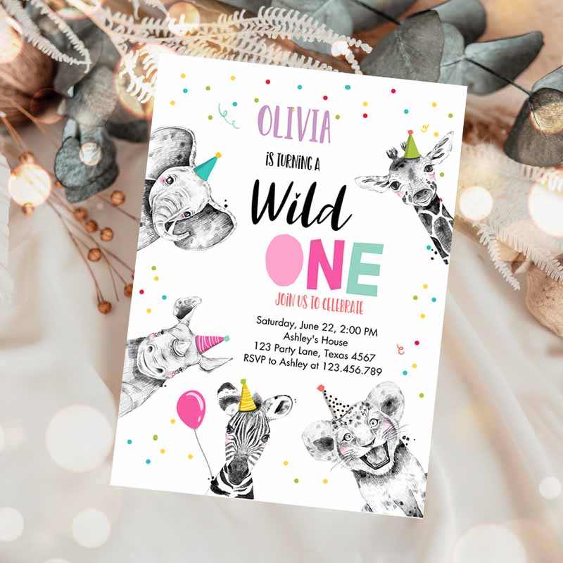 Wild One Kids Birthday Invitation, Safari Animals Animals Girl Pink Gold First Kids Birthday, Confetti