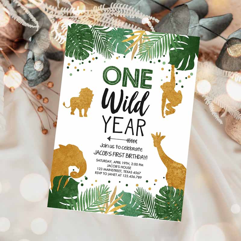 Wild One Kids Birthday, Invite Safari Animals Jungle One Wild Year Black Gold First Kids Birthday