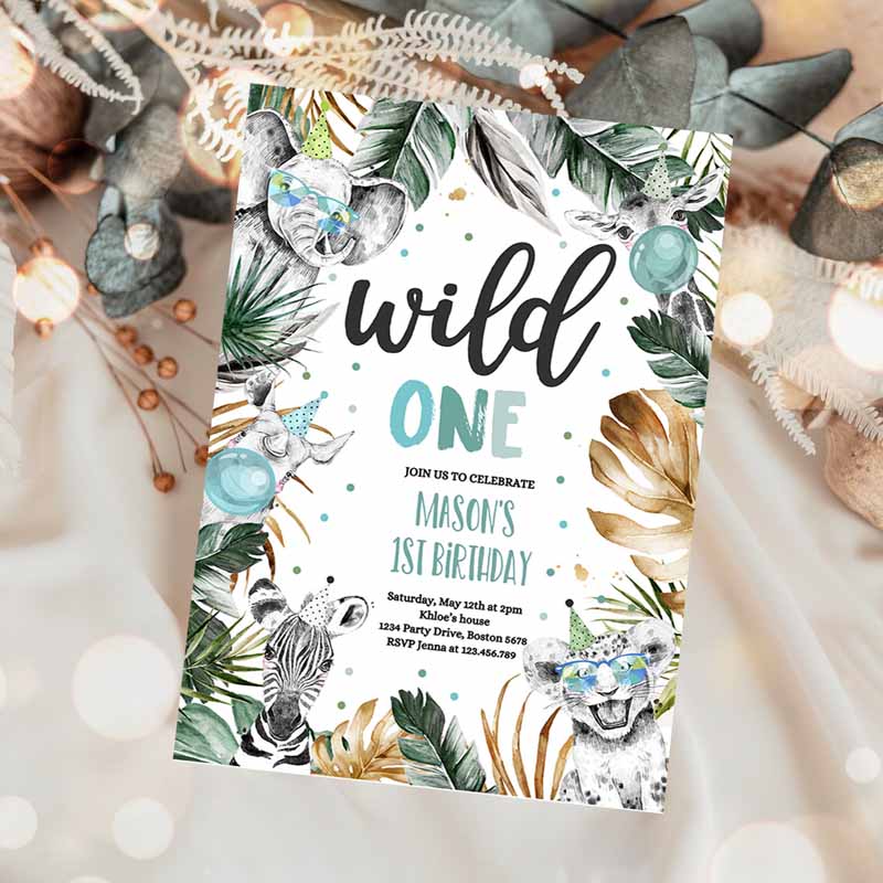 Wild One Kids Birthday, Safari Animals Invite Jungle Safari Animal Party, Modern Monochrome Safari Party