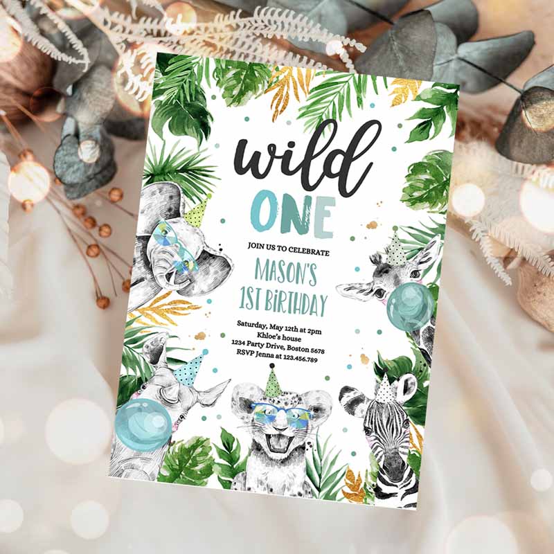 Wild One Kids Birthday Party, Invite Safari Animals Invite Jungle Safari Animal Party, Modern Monochrome Safari Party