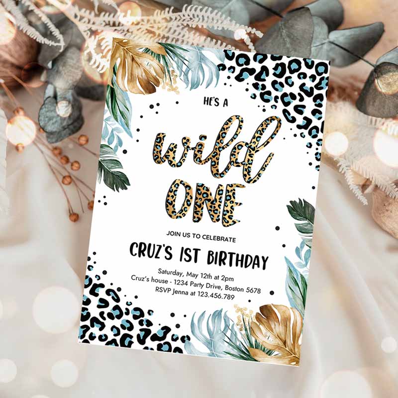 Wild One Leopard Print Jungle Kids Birthday, Blue Boy Leopard Print Wild One Kids Birthday Party