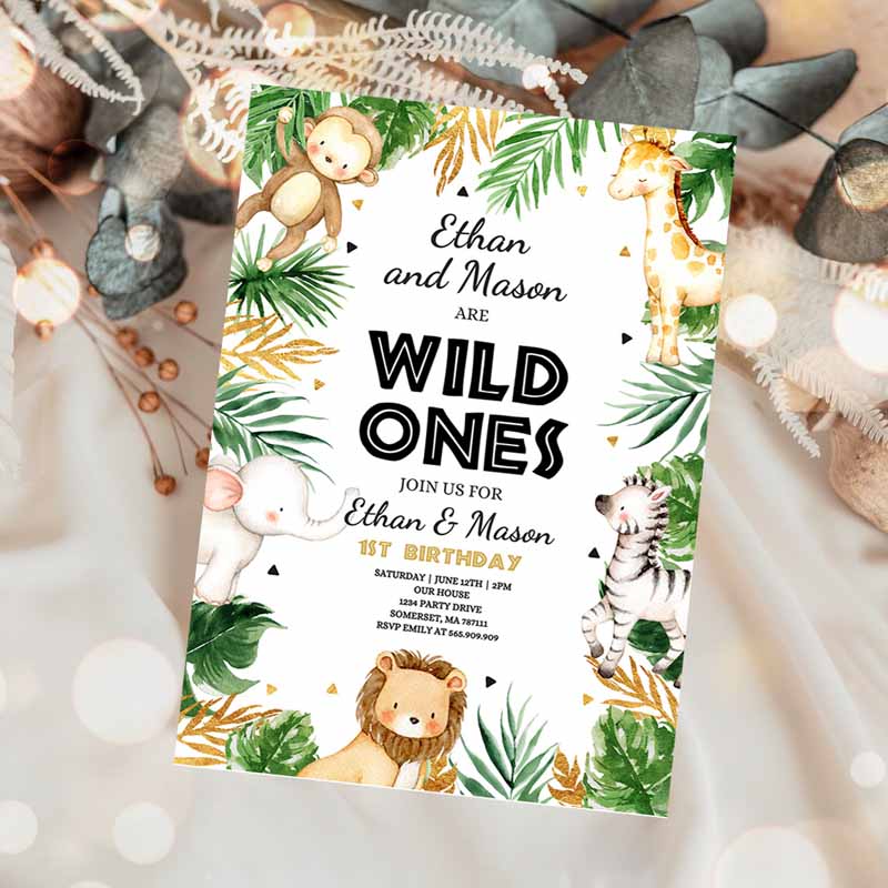 Wild One Twins Kids Birthday Invitation, Safari Animals Invitation, Twins Jungle Safari Animal Party, Gold Wild Ones