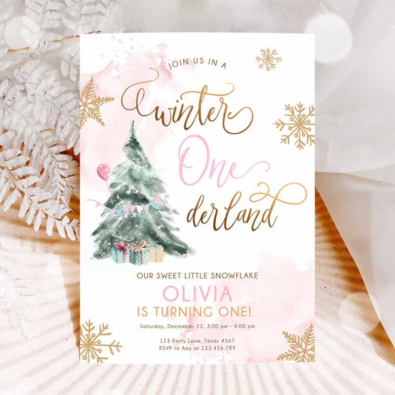 Winter ONEderland Kids Birthday Invitation, Girl Pink Gold Watercolor Tree Christmas Snowflake