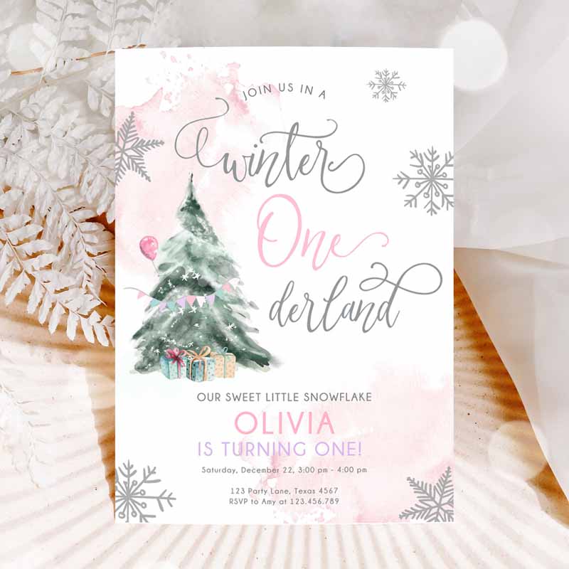 Winter ONEderland Kids Birthday Invitation, Girl Pink Snow Watercolor Tree Christmas Snowflake