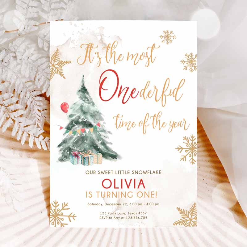 Winter ONEderland Kids Birthday Invitation, Most Onederful Time Red Gold Tree Christmas Snowflake