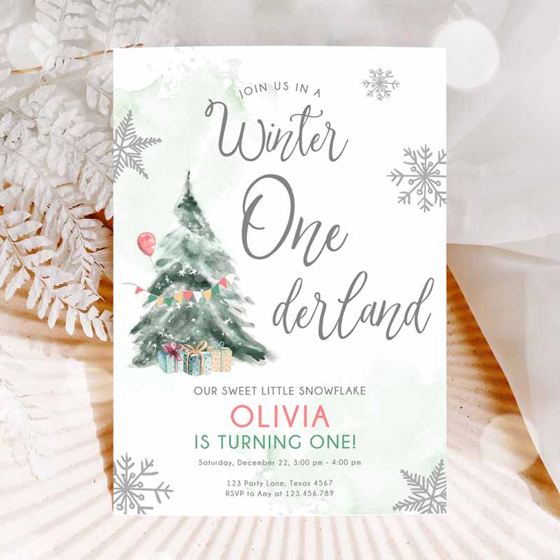 Winter ONEderland Kids Birthday Invitation, Boy Girl Neutral Snow Watercolor Tree Christmas Snowflake