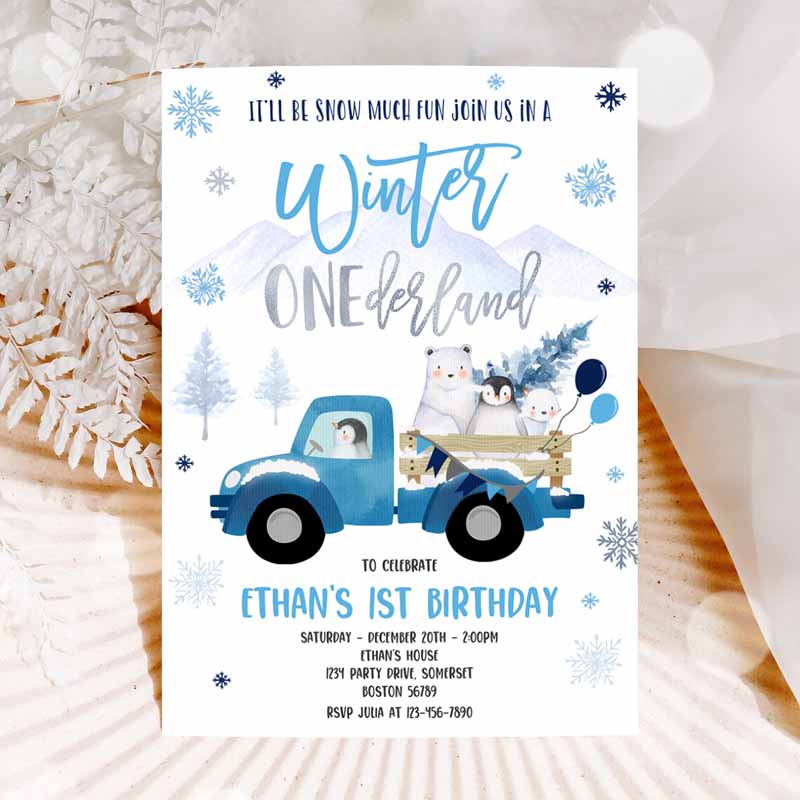 Winter ONEderland Invitation, Winter Blue Truck Kids Birthday, Penguin Polar Bear Winter ONEderland Party