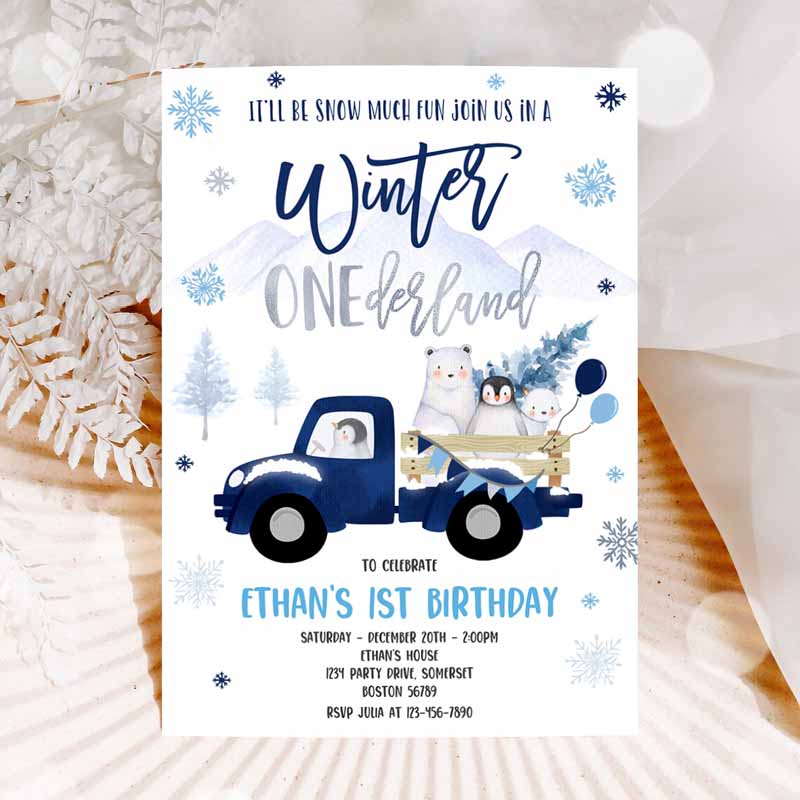 Winter ONEderland Invitation, Winter Navy Blue Truck Kids Birthday, Penguin Polar Bear Winter ONEderland Party