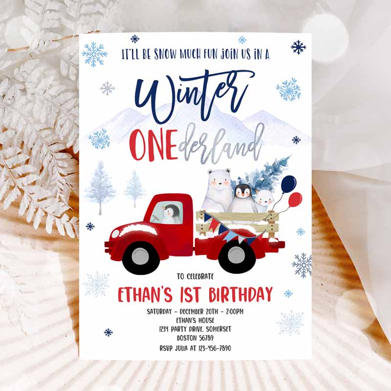 Winter ONEderland Invitation, Winter Red Truck Kids Birthday, Penguin Polar Bear Winter ONEderland Party