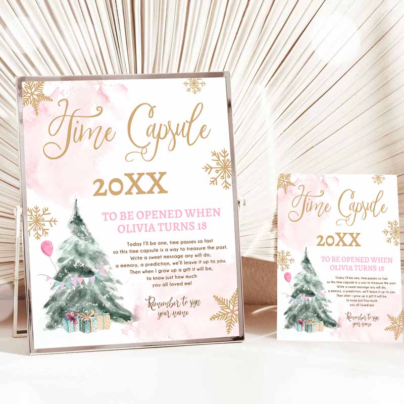 Winter Onederland Time Capsule Winter First Kids Birthday Party, Girl Snowflake One Pink Gold Guestbook