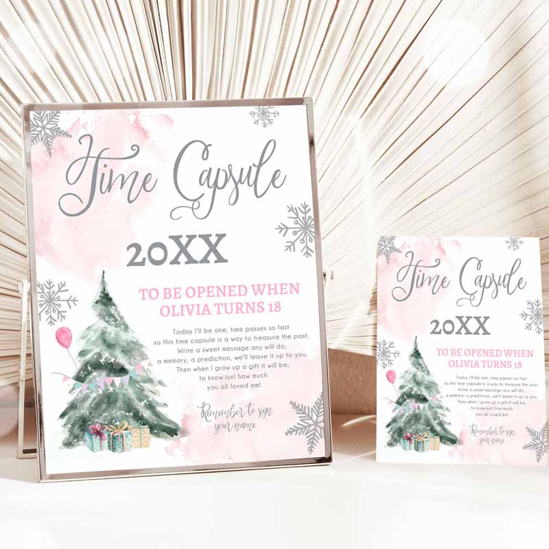 Winter Onederland Time Capsule Winter First Kids Birthday Party, Girl Snowflake One Pink Guestbook