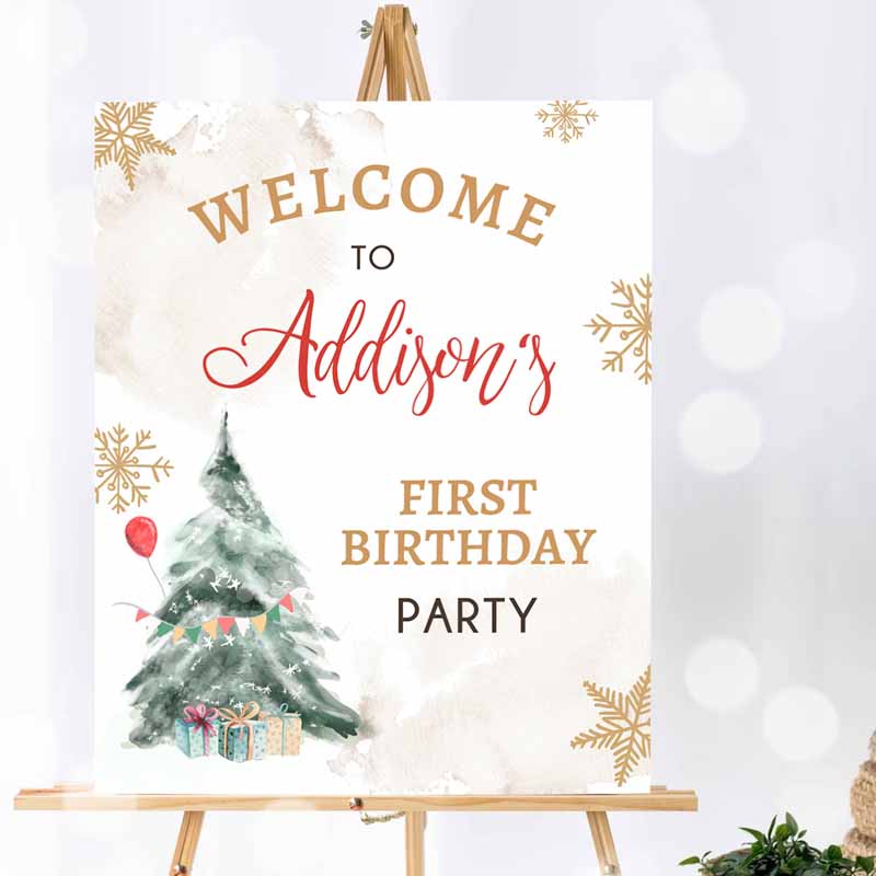 Winter Onederland Welcome Sign, Christmas Tree Watercolor First Kids Birthday, Neutral Red Gold Snowflake