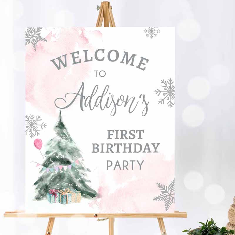 Winter Onederland Welcome Sign, Tree Watercolor First Kids Birthday, Girl Pink Snowflake Wonderland