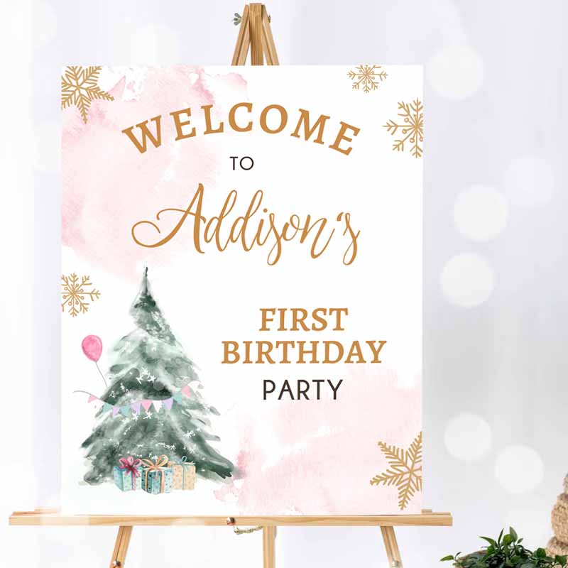 Winter Onederland Welcome Sign, Tree Watercolor First Kids Birthday, Girl Pink Snowflake Wonderland