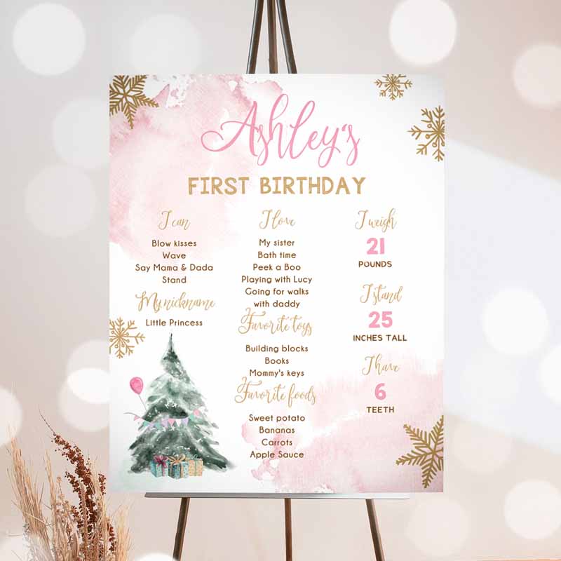 Winter Tree Kids Birthday, Winter Onederland Watercolor First Kids Birthday, Girl Gold Pink