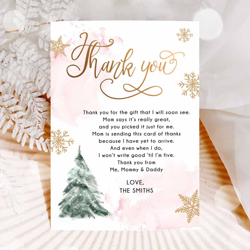 Winter Tree Thank You Card Watercolor Baby Its Cold Outside Baby Shower Pink Girl Gold Neutral Snow