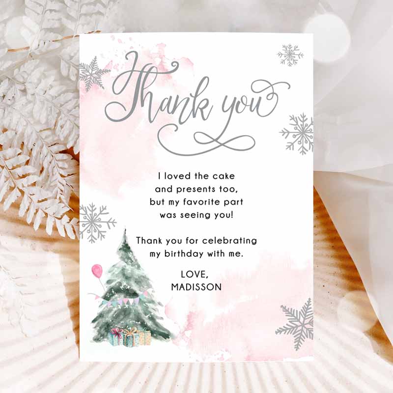 Winter Tree Thank You Card Watercolor Kids Birthday, Winter Onederland Pink Girl Christmas Snow Snowflake