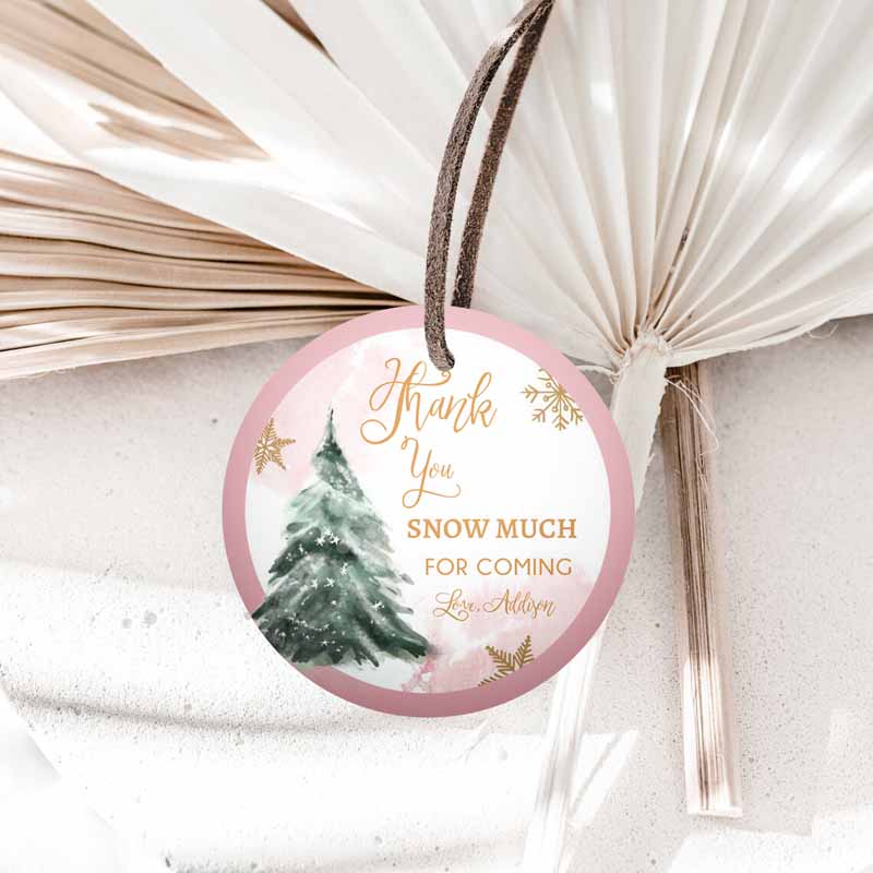 Winter Tree Thank you tag, Winter Onederland Girl Christmas Thank You Snow Much Baby Shower Pink Gold Gift