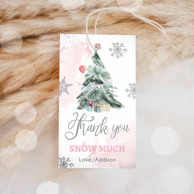 Winter Tree Thank you tag, Winter Onederland Pink Girl Christmas Thank You Snow Much Baby Shower Kids Birthday, Gift