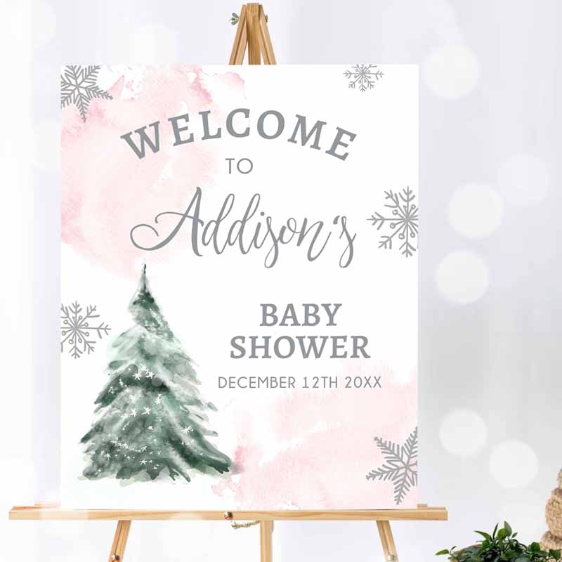 Winter Tree Welcome Sign, Tree Watercolor Baby Shower Girl Pink Little Snowflake one Way Wonderland