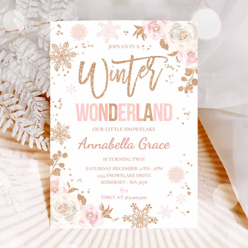 Winter Wonderland Kids Birthday Invitation, Pink & Rose Gold Winter Wonderland Party, Floral Winter Wonderland Party