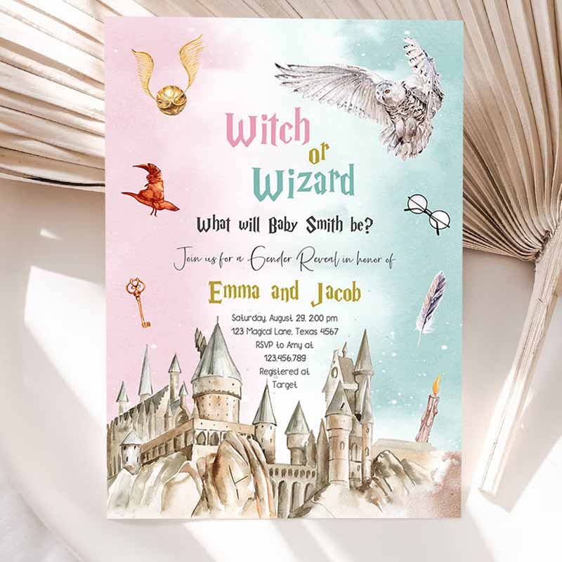 Witch or Wizard Gender Reveal Invitation Invite Boy or Girl He or She Wizard