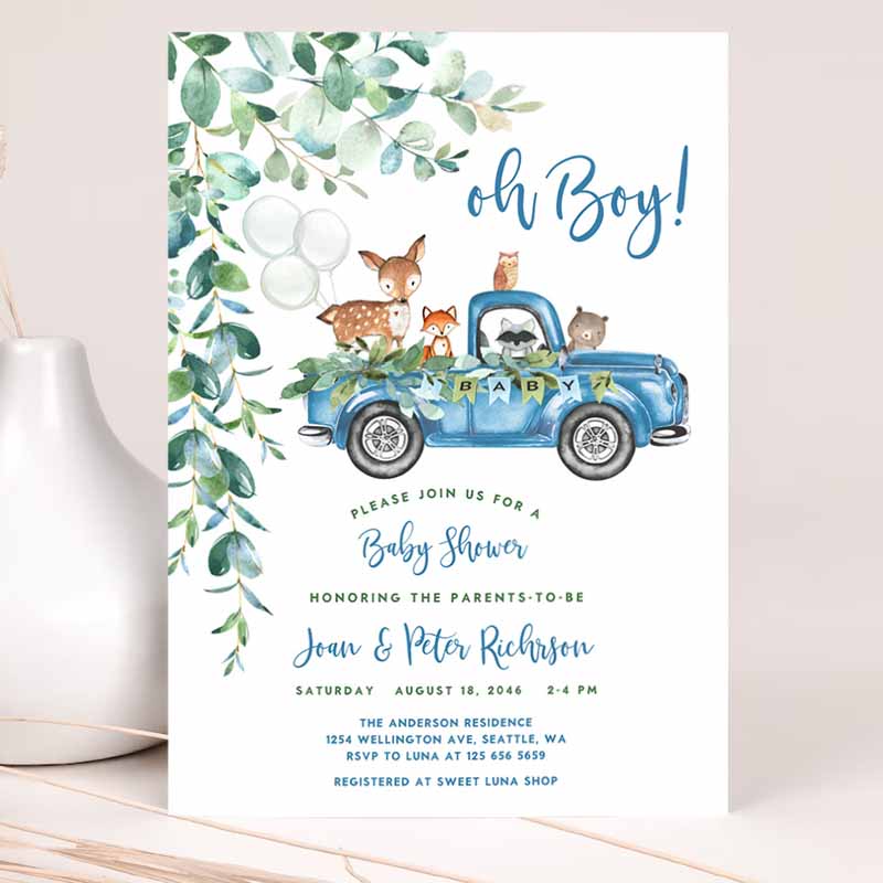 Woodland Blue Truck Baby Shower Invitation, Boy Blue Pickup Truck Greenery Woodland Animal Bear