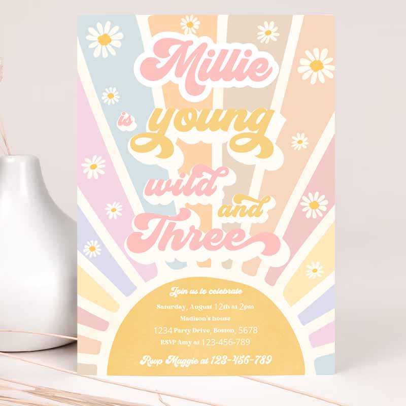 Young Wild and Three Kids Birthday Invitation, Retro Sunshine Kids Birthday, Daisy Hippie Rainbow Sunshine Party