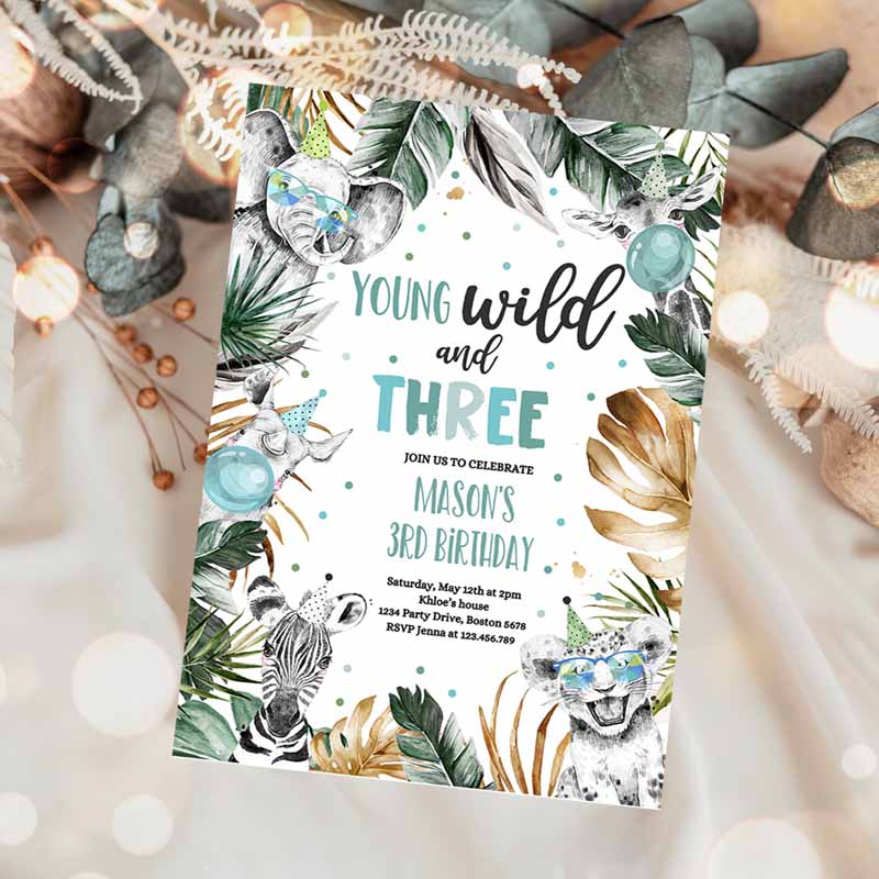 Young Wild and Three Kids Birthday, Safari Animals Wild Kids Birthday Party, Gold Monochrome Jungle Party