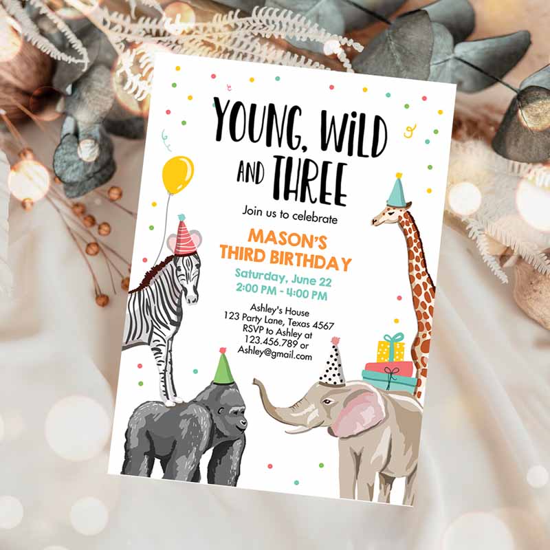 Young Wild and Three Kids Birthday Invitation, Animals Invite Party, Jungle Safari Boyree