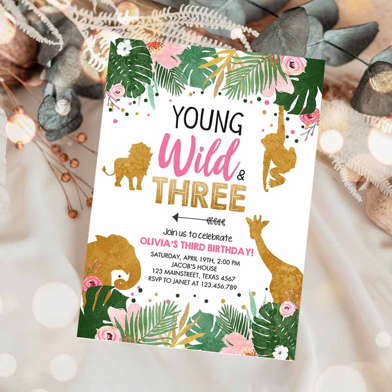 Young Wild and Three Kids Birthday Invitation, Animals Invite Party, Jungle Safari Pink Gold