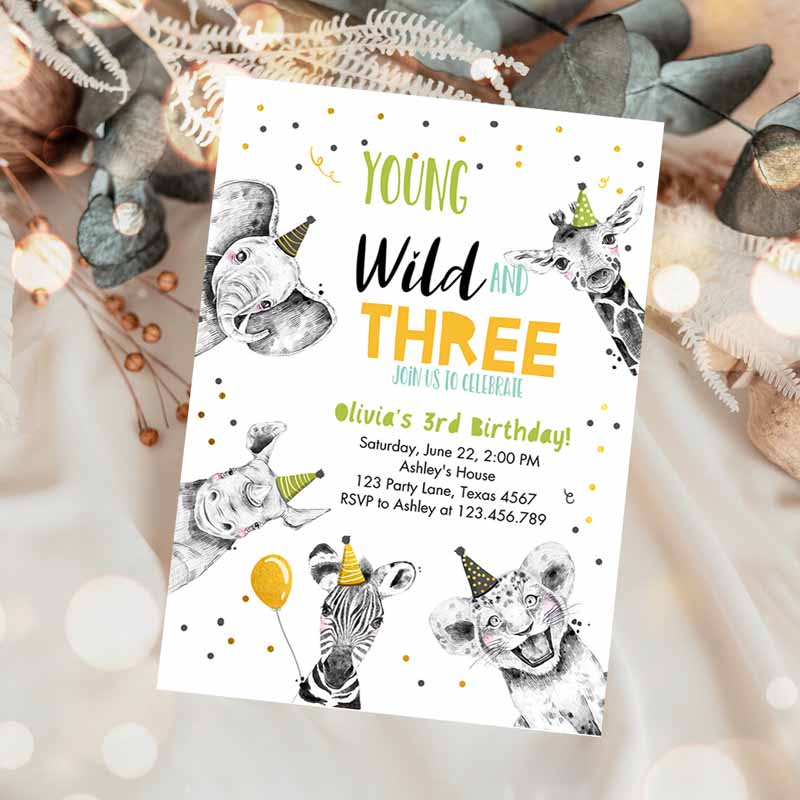 Young Wild and Three Kids Birthday Invitation, Boy Green Gold Third Safari Animals