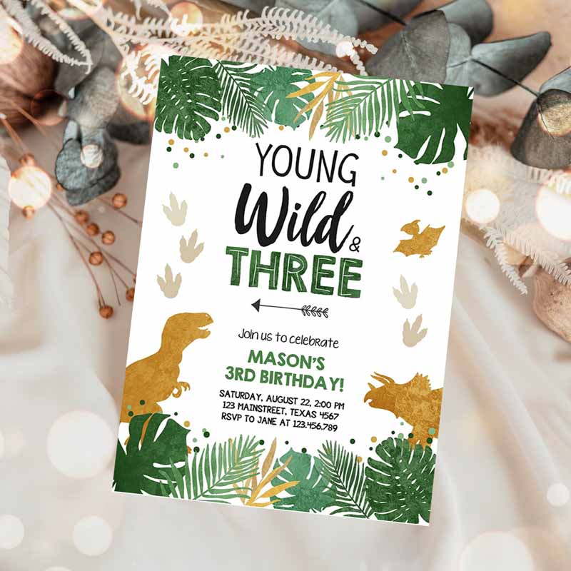 Young Wild and Three Kids Birthday Invitation, Dinosaur Dino Party, Boyird Kids Birthday, Green Gold Black