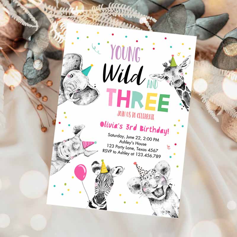 Young Wild and Three Kids Birthday Invitation, Girl Pink and Gold Safari Animals