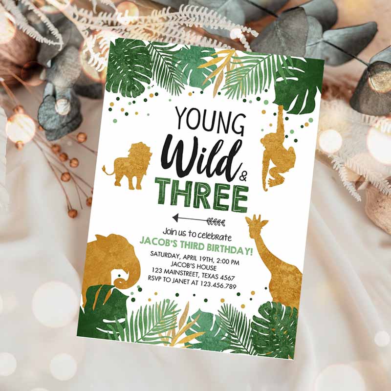 Young Wild and Three Kids Birthday Invitation, Safari Animals Party, Jungle Zoo Animals Boy Gold