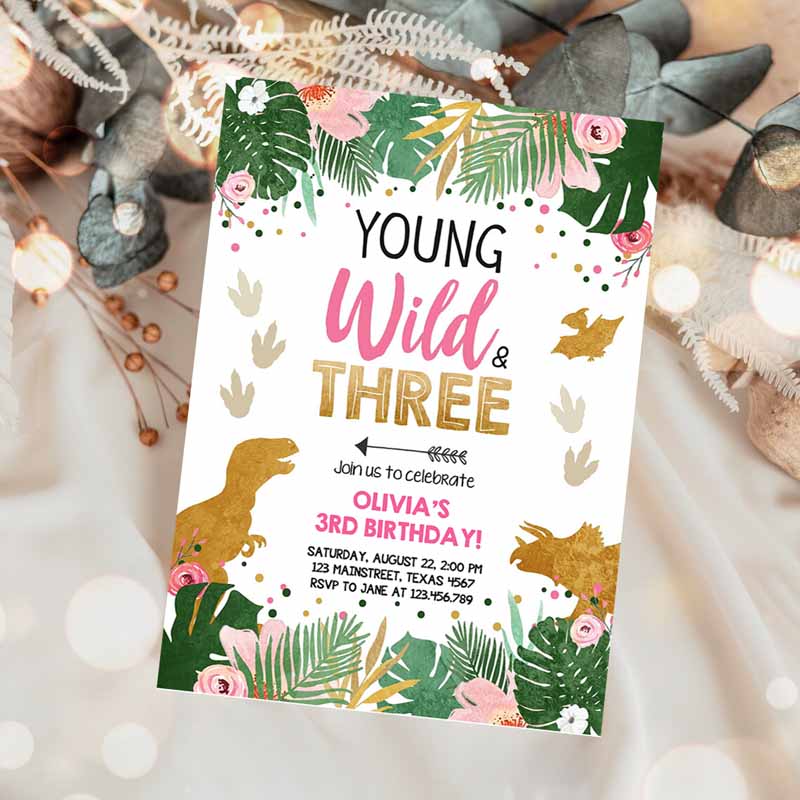 Young Wild and Three Dinosaur Kids Birthday Invitation, Dinosaur Party, Girl Pink Gold Third Kids Birthday