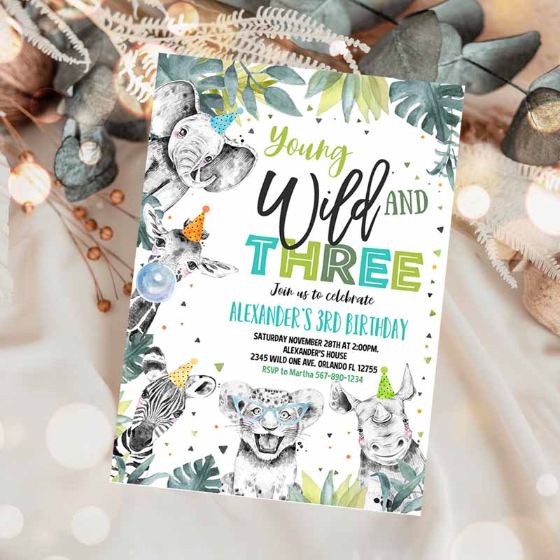 Young Wild and Three Invitation, Boy Safari Animals Zoo invite Jungle Animals