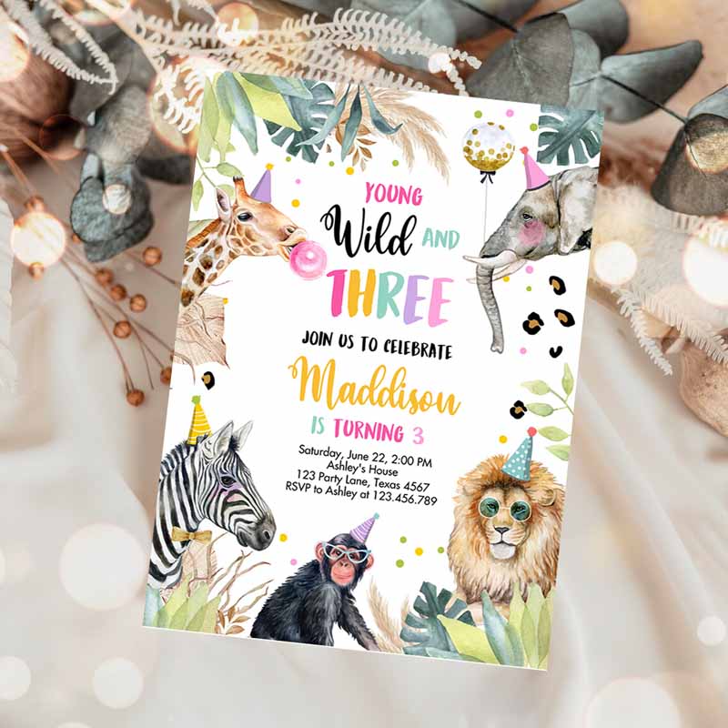 Young Wild and Three Invitation, Girl Pink and Gold Safari Animals Zoo Template