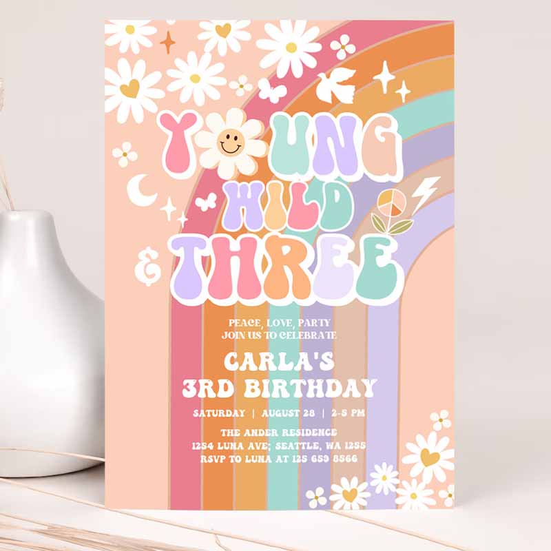 Young Wild and Three Invite Daisy Rainbow Groovy Kids Birthday, Invite Hippie Retro Kids Birthday Invitation